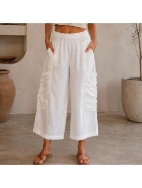 Boho wide leg white linen high waisted pants hippie beach chic lightweight